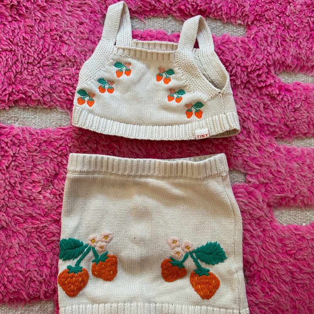 Kids Strawberry Knit Top and Skirt Set - Cream and Orange